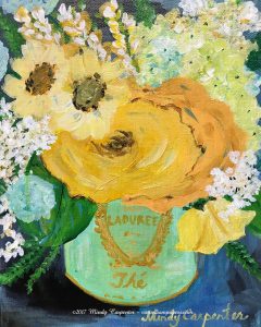 Yellow Roses note card designed with original painting of a floral still life with a bouquet of yellow roses and other flowers in a LaDuree tea tin vase.