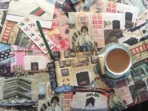 Fancy Envelopes: Mindalopes by Carpe Diem Papers, with a cup of tea and shortbread, stamps and pen