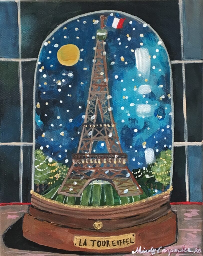PAINTING BY MINDY CARPENTER OF A SNOWGLOBE WITH PARIS INSIDE